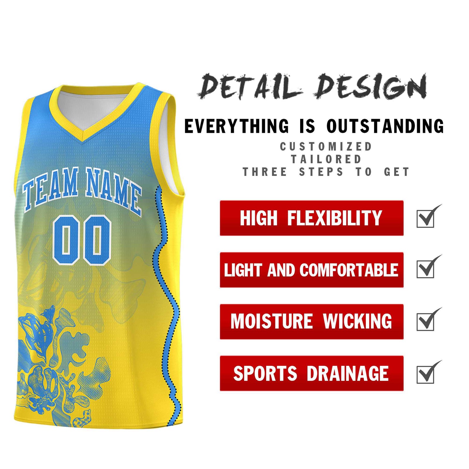 Custom Gold Light Blue Basketball Jersey - Illusion Flower Gradient Breathable Fabric