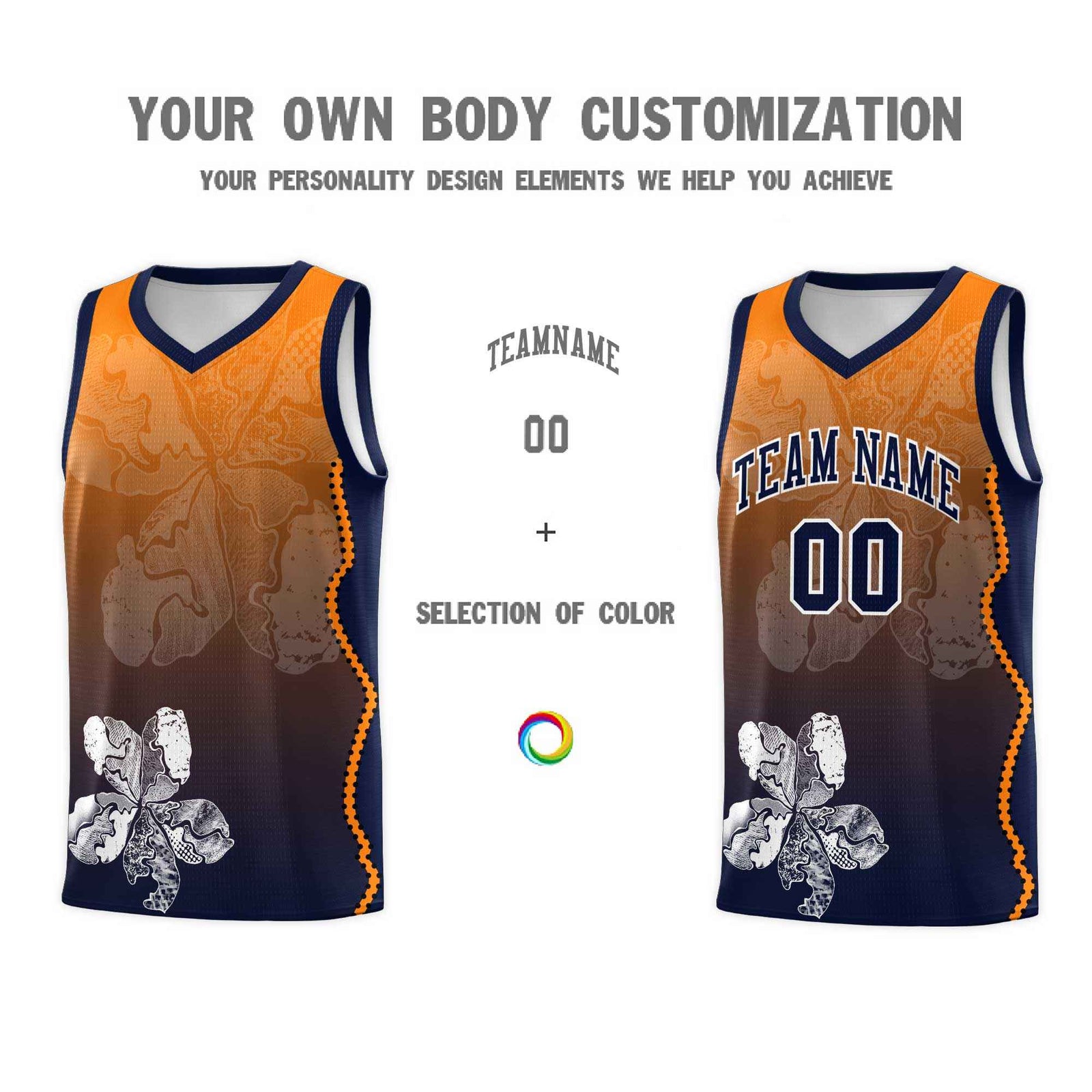 Custom Navy Orange Basketball Jersey - Illusion Flower Gradient Lightweight Fabric