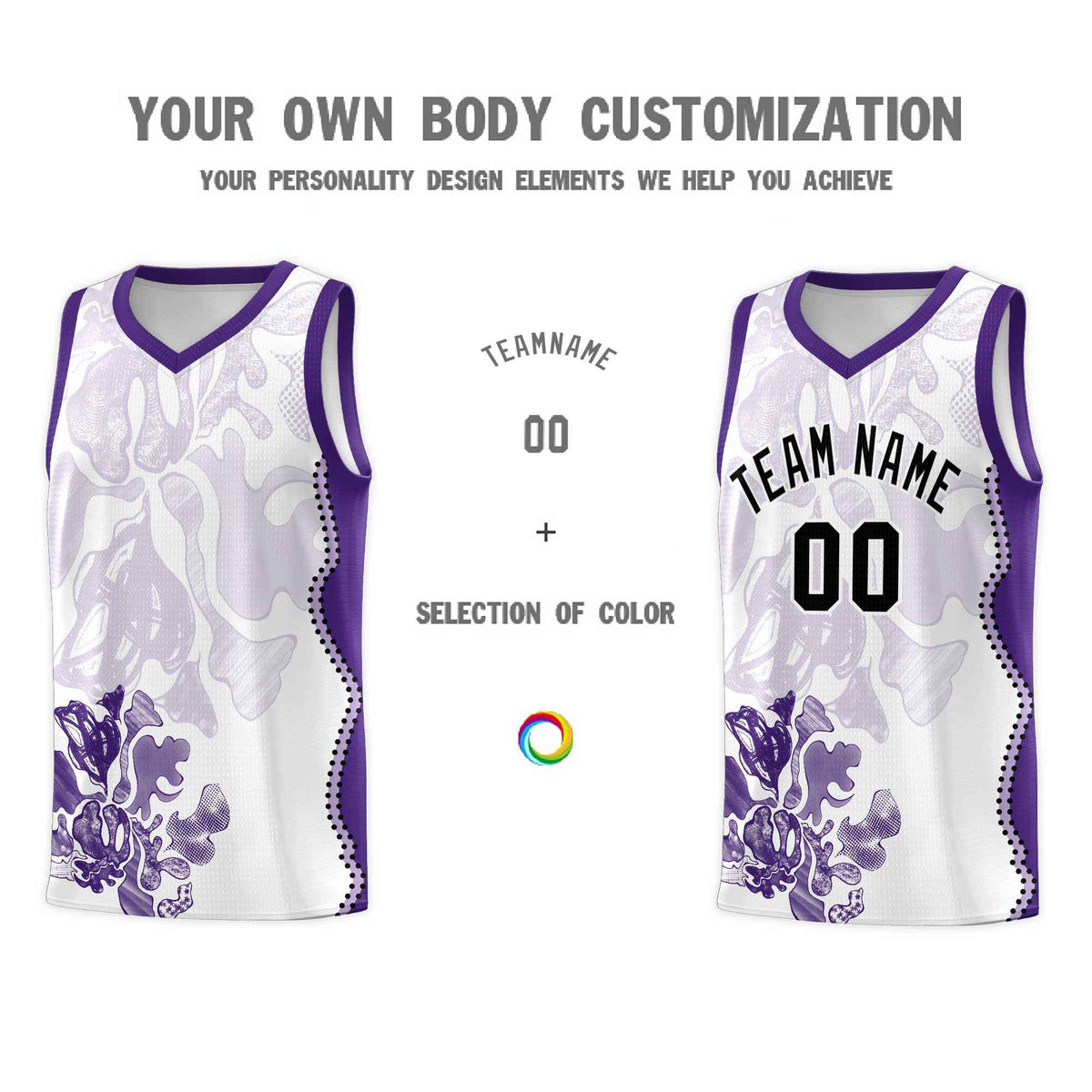 Custom White Purple Basketball Jersey - Illusion Flower Graffiti Moisture-wicking Fabric