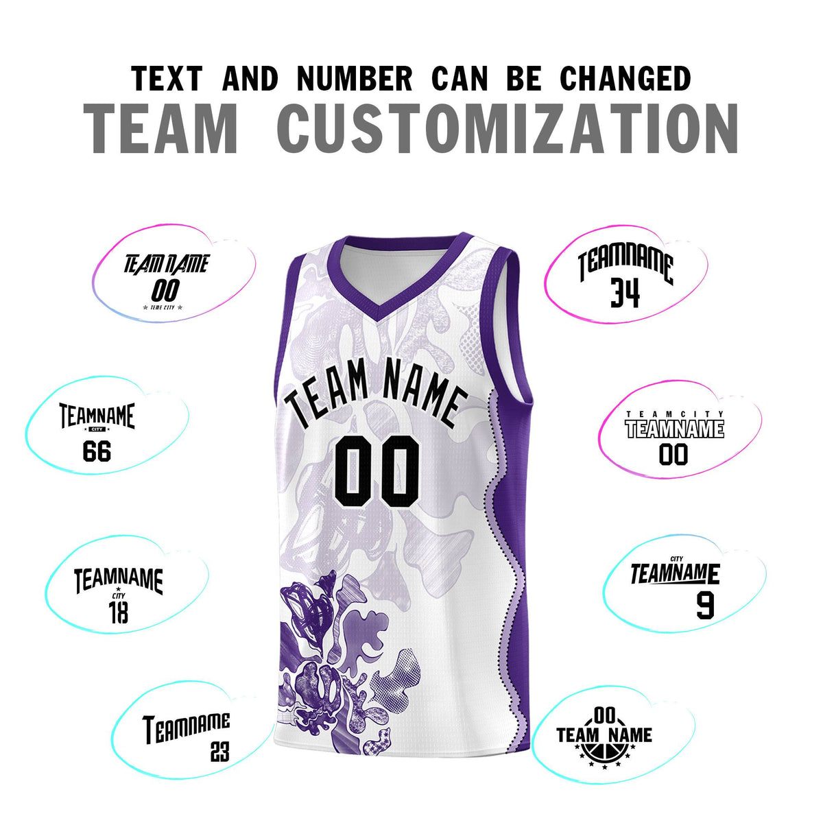 Custom White Purple Basketball Jersey - Illusion Flower Graffiti Moisture-wicking Fabric
