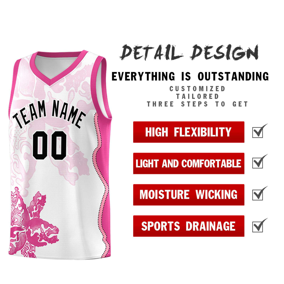 Custom White Pink Basketball Jersey - Illusion Flower Graffiti Breathable mesh Fabric