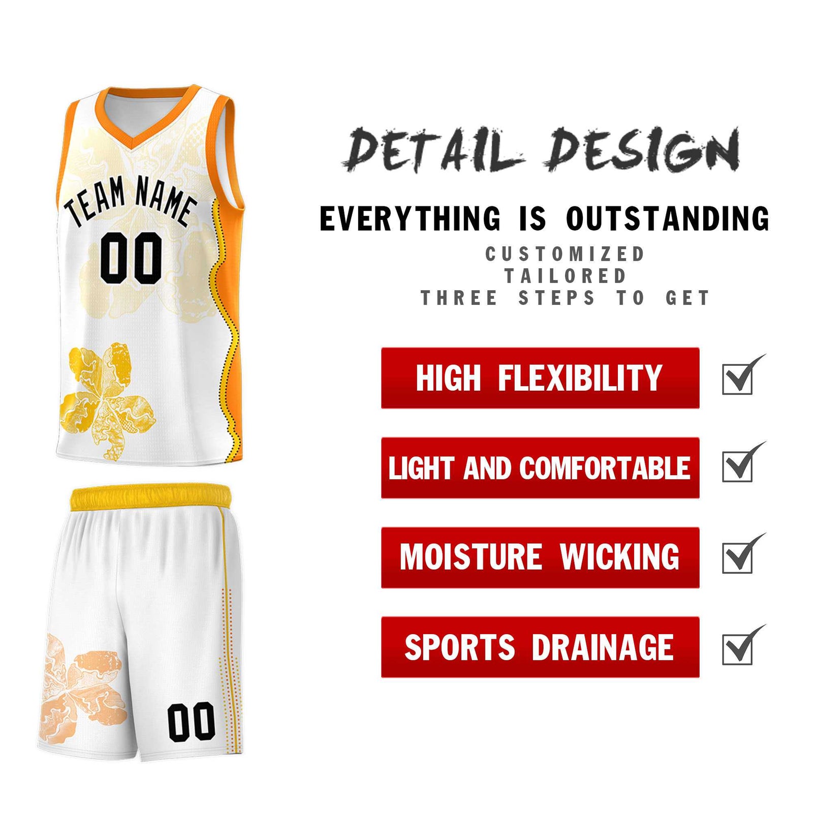 Custom White Orange Basketball Jersey - Illusion Flower Graffiti Durable Fabric