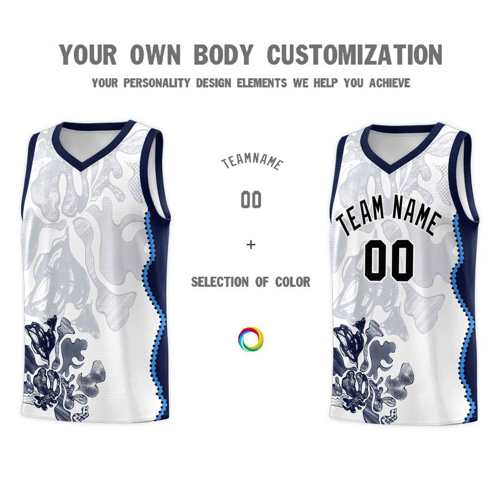 Custom White Navy Basketball Jersey - Illusion Flower Graffiti Breathable Fabric