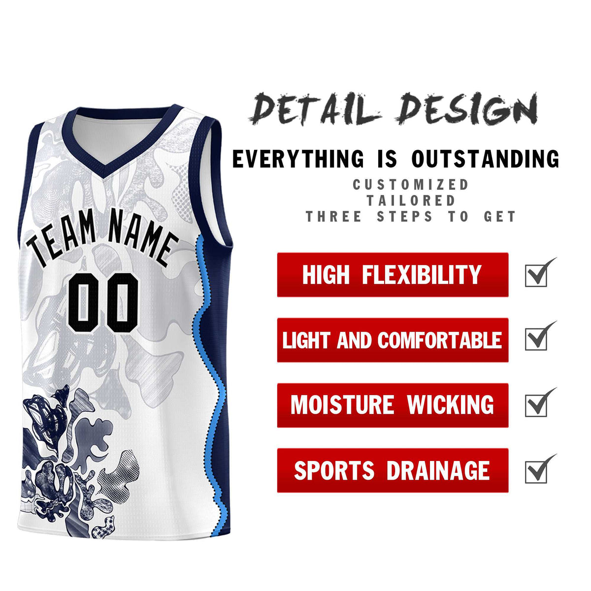 Custom White Navy Basketball Jersey - Illusion Flower Graffiti Breathable Fabric