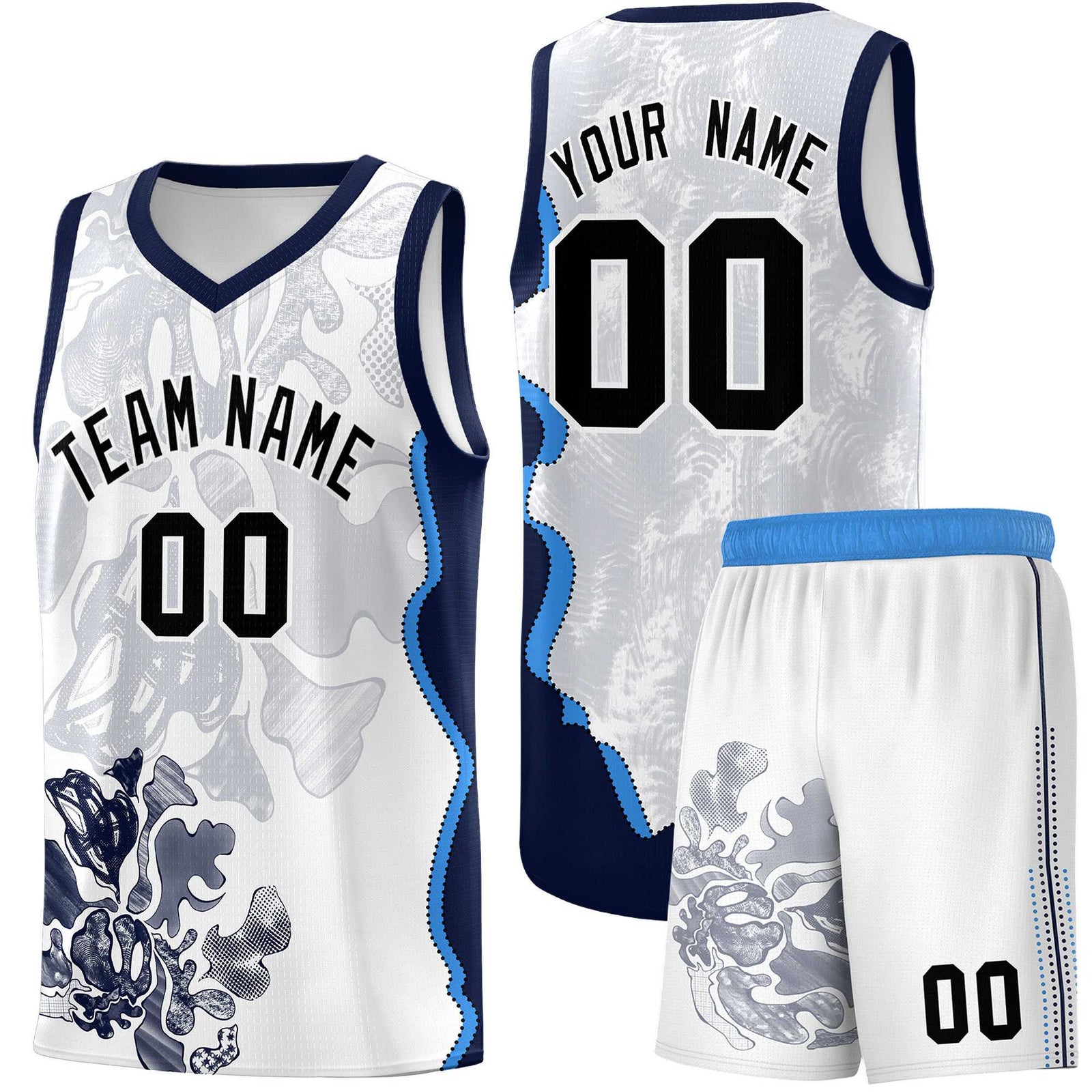 Custom White Navy Basketball Jersey - Illusion Flower Graffiti Breathable Fabric