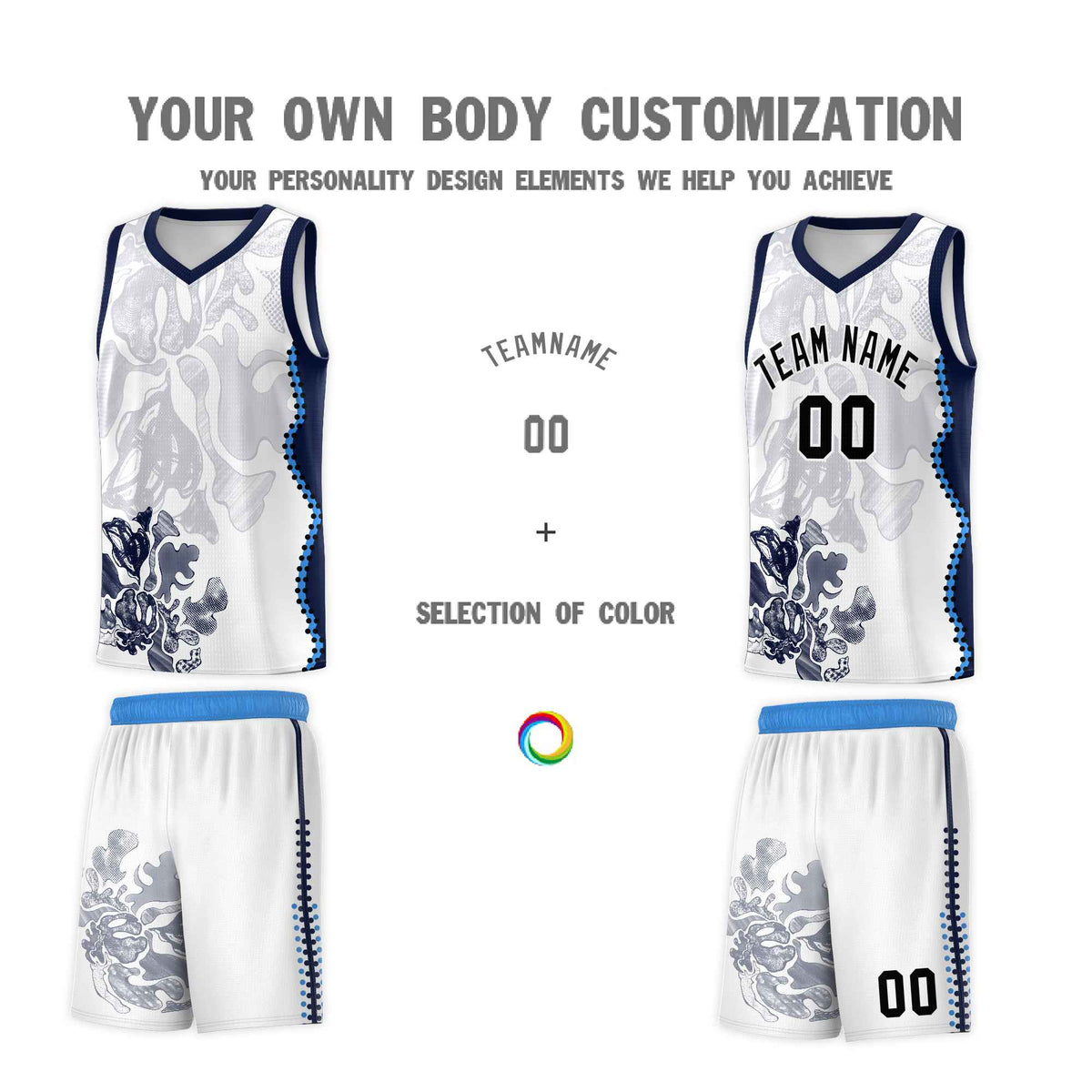Custom White Navy Basketball Jersey - Illusion Flower Graffiti Breathable Fabric