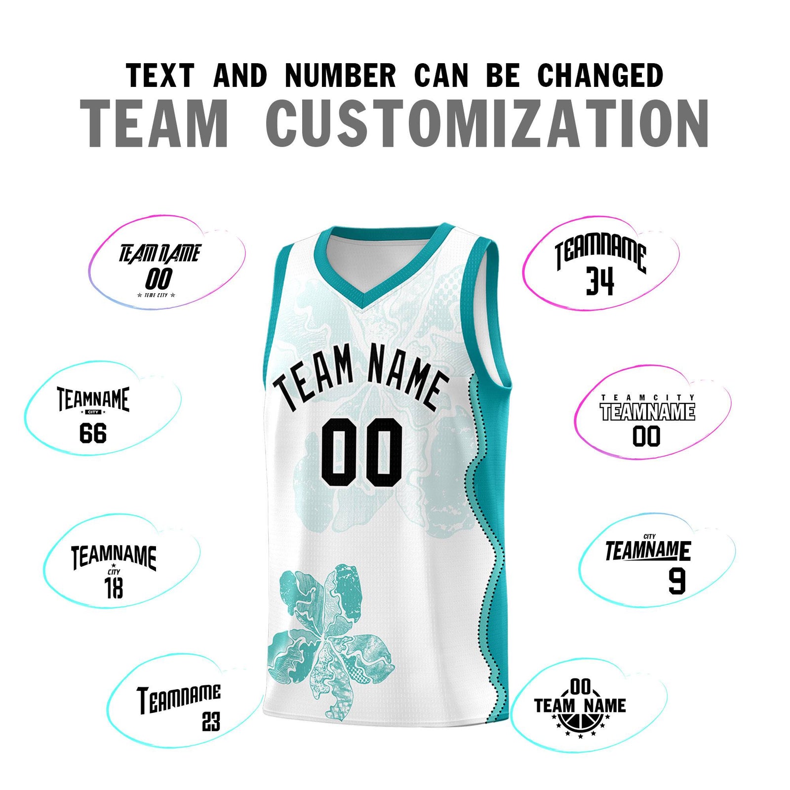 Custom White Teal Basketball Jersey - Illusion Flower Graffiti Lightweight Fabric