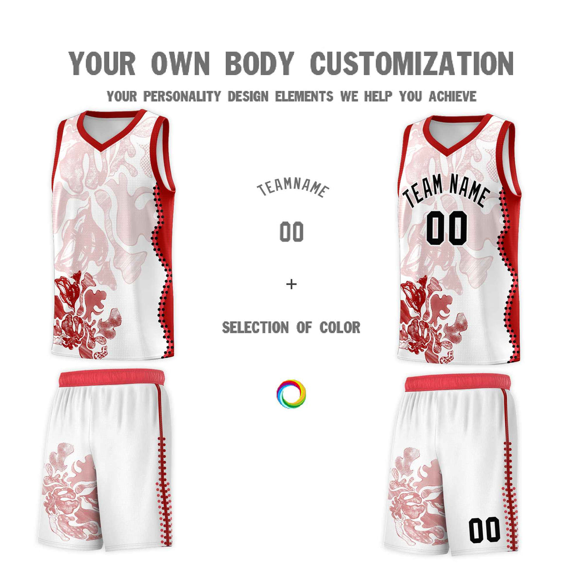 Custom White Red Basketball Jersey - Illusion Flower Graffiti Stretchy Fabric