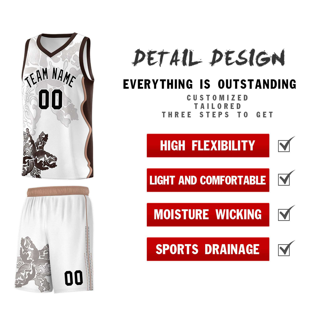 Custom White Brown Basketball Jersey - Illusion Flower Graffiti Quick dry Fabric