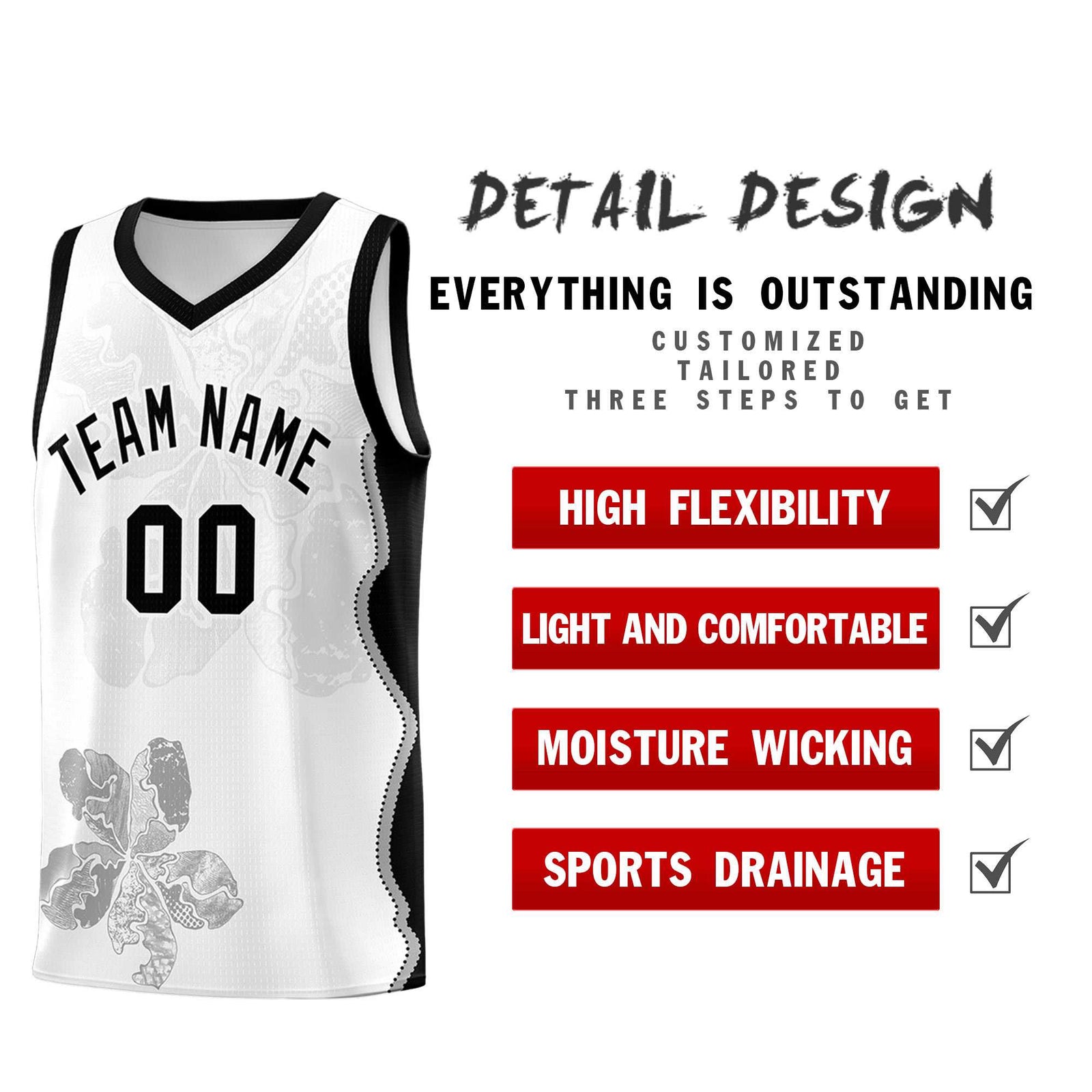 Custom White Black Basketball Jersey - Illusion Flower Graffiti Stylish Fabric