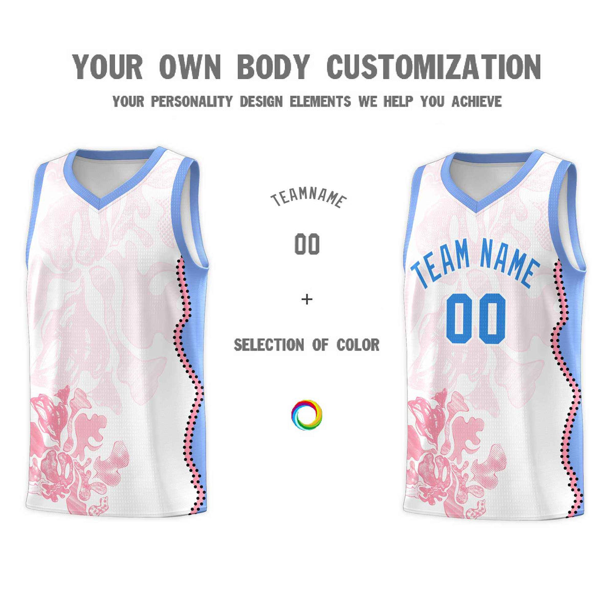Custom White Light Blue Basketball Jersey - Illusion Flower Graffiti Durable Fabric