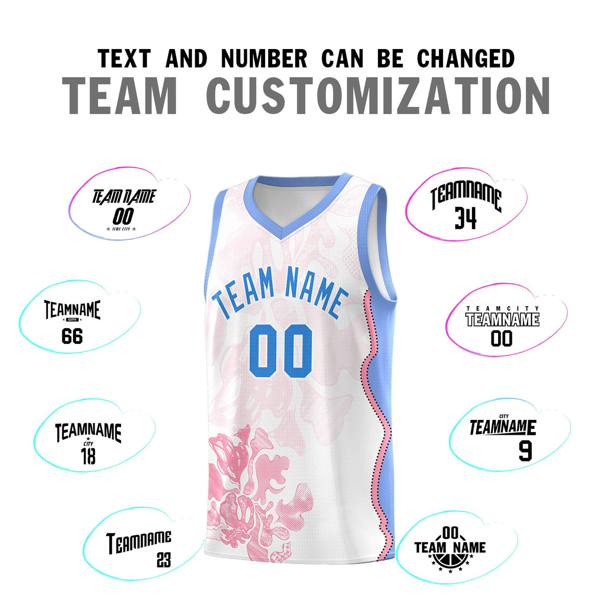 Custom White Light Blue Basketball Jersey - Illusion Flower Graffiti Durable Fabric