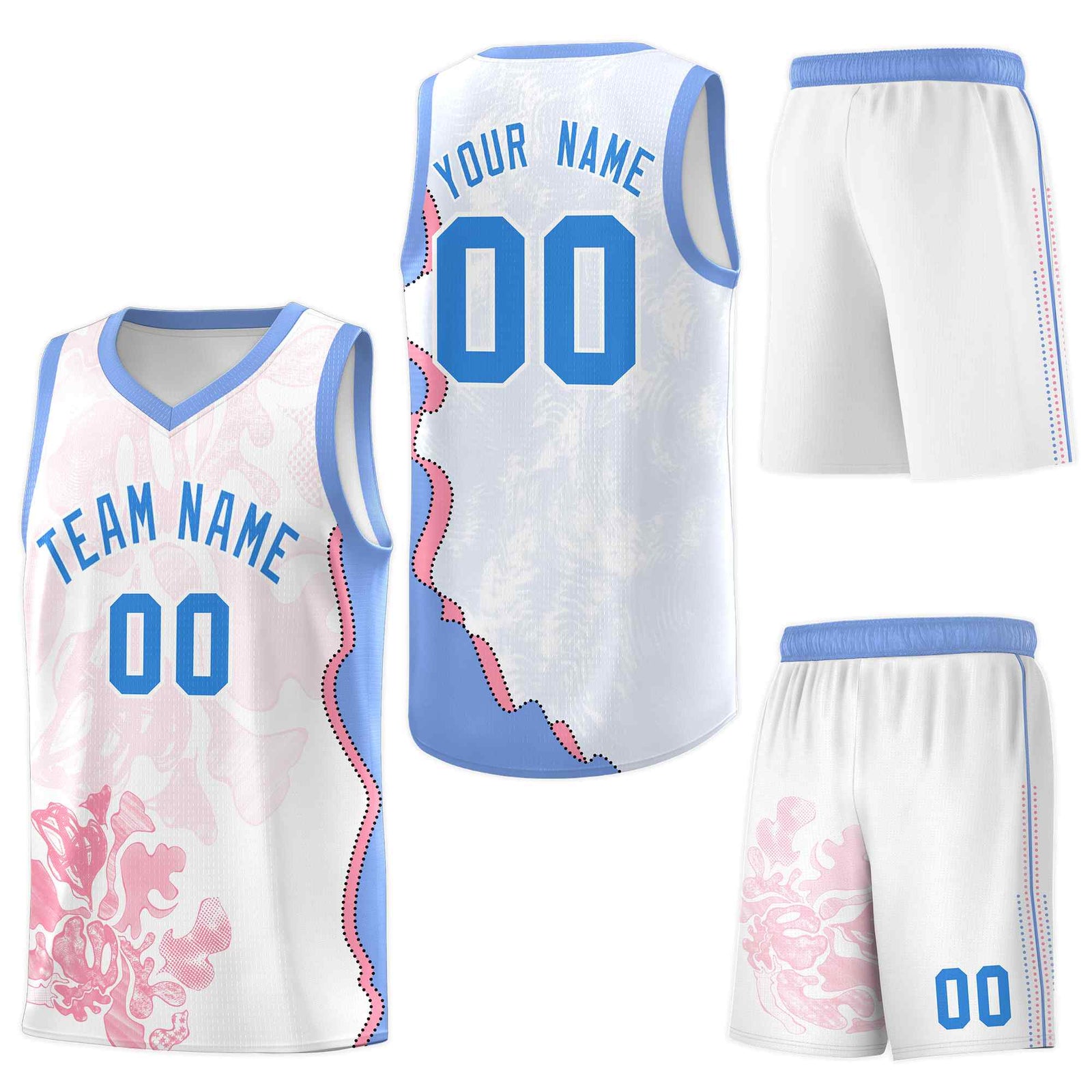 Custom White Light Blue Basketball Jersey - Illusion Flower Graffiti Lightweight