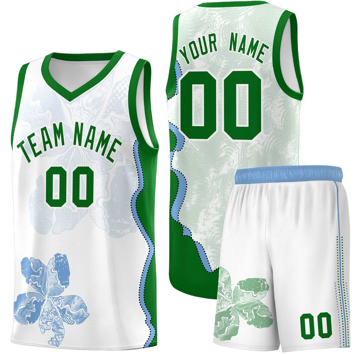 Custom White Kelly Green Basketball Jersey - Illusion Flower Graffiti Moisture wicking Fabric