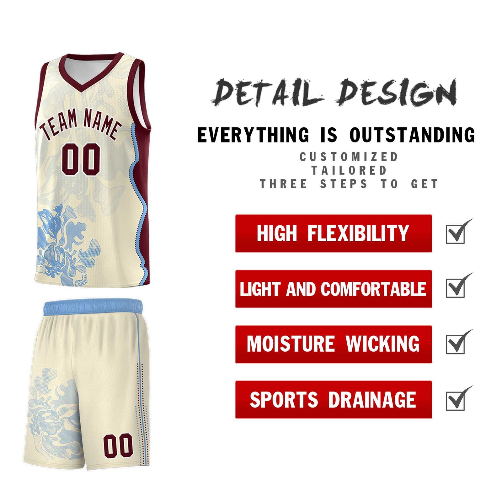 Custom Cream Burgundy Basketball Jersey - Illusion Flower Graffiti Lightweight Fabric