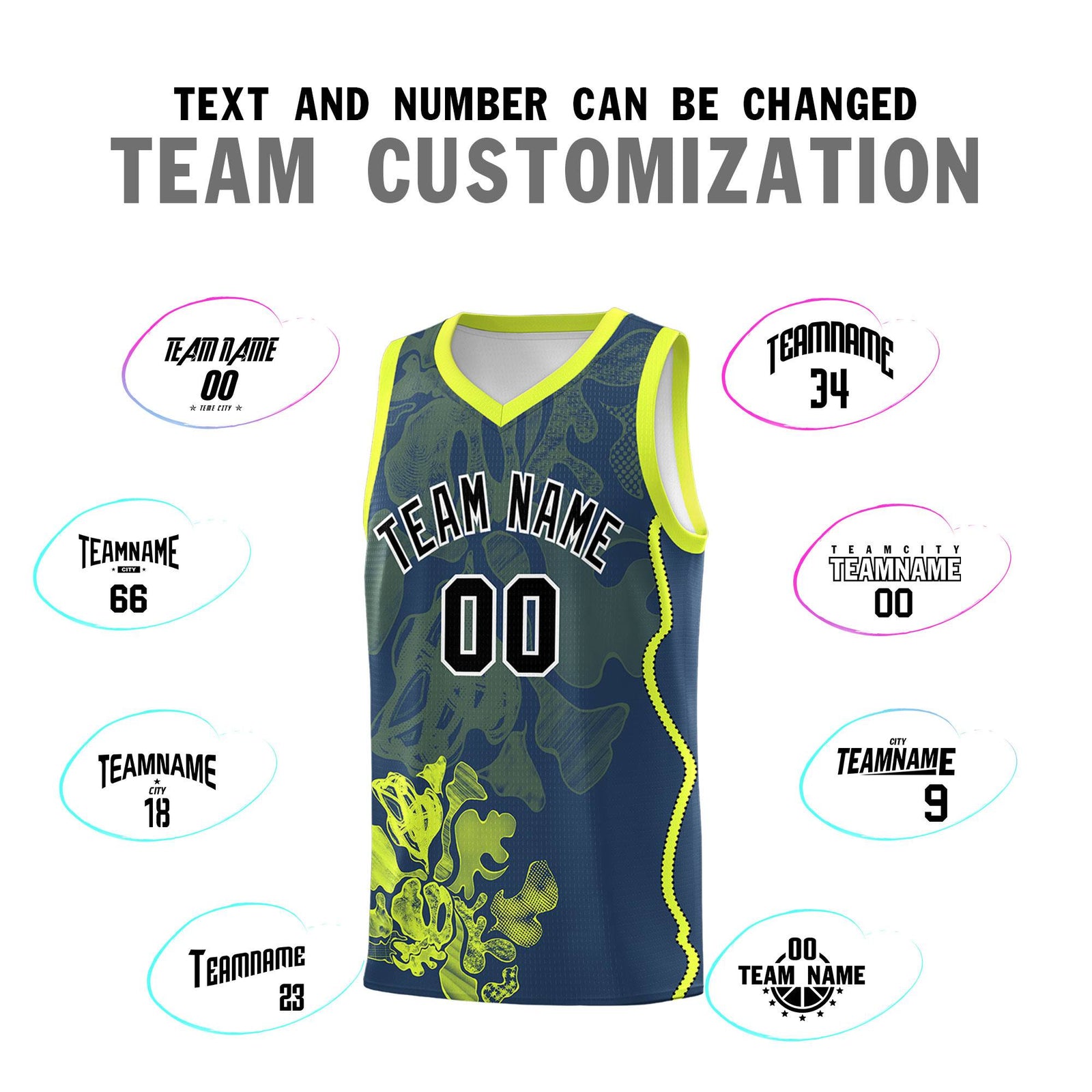 Custom Midnight Blue Fluorescent Green Basketball Jersey - Illusion Flower Graffiti Stylish Fabric