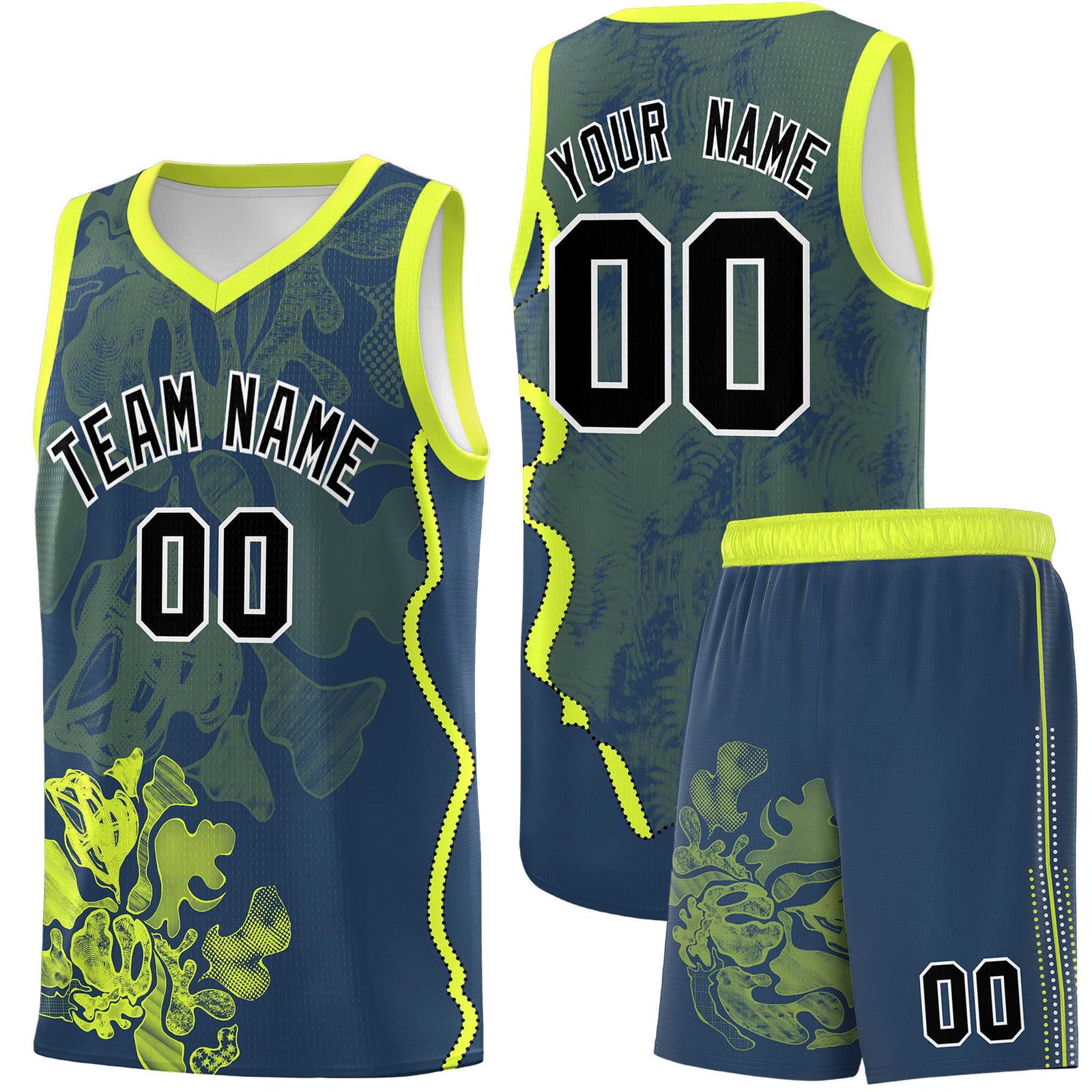 Custom Midnight Blue Fluorescent Green Basketball Jersey - Illusion Flower Graffiti Stylish Fabric