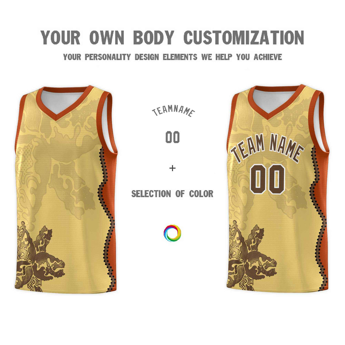 Custom Khaki Dark Orange Basketball Jersey - Illusion Flower Graffiti Unique Fabric