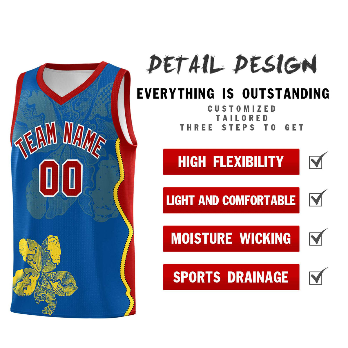 Custom Royal Red Basketball Jersey - Illusion Flower Graffiti Moisture-wicking Fabric