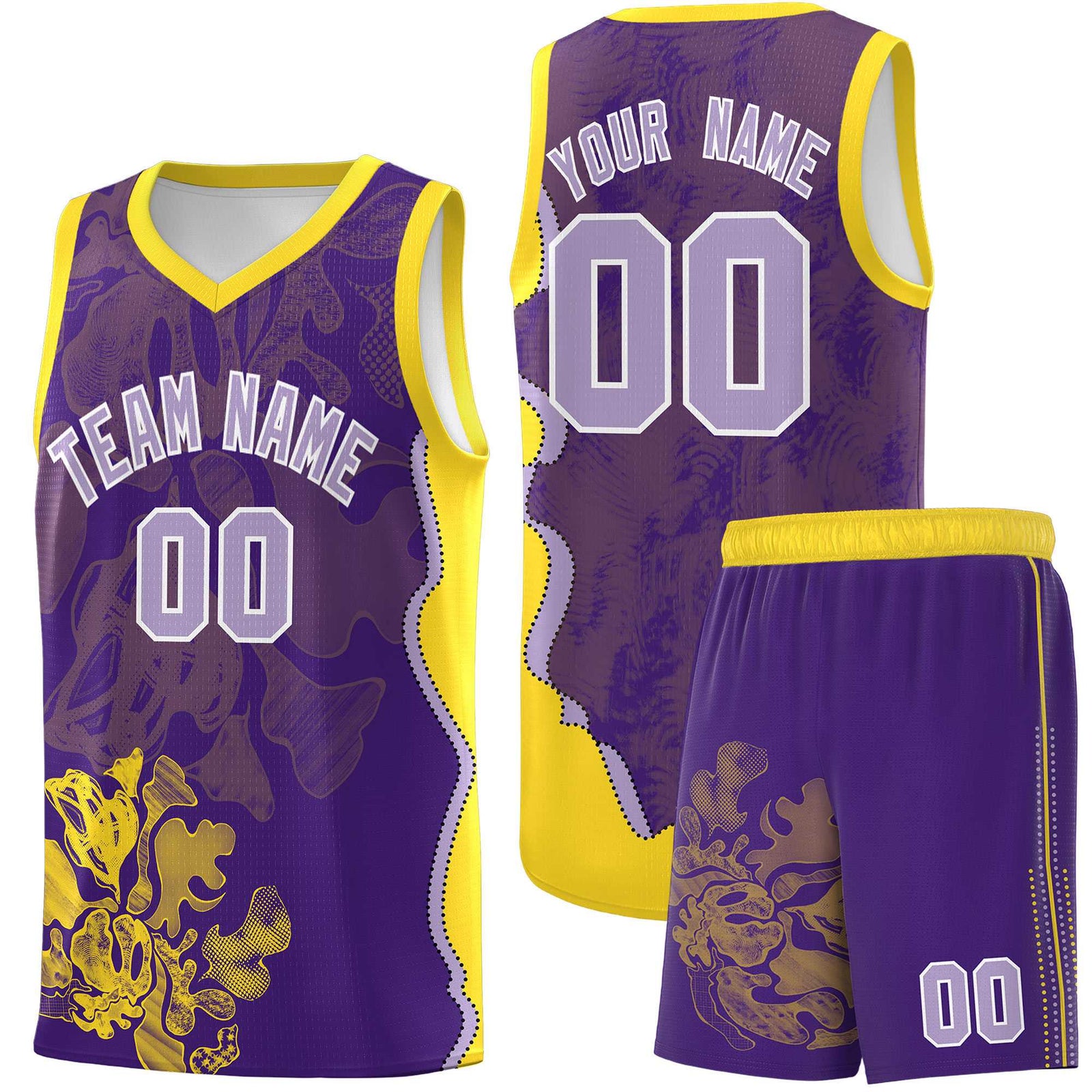 Custom Purple Gold Basketball Jersey - Illusion Flower Graffiti Breathable mesh Fabric