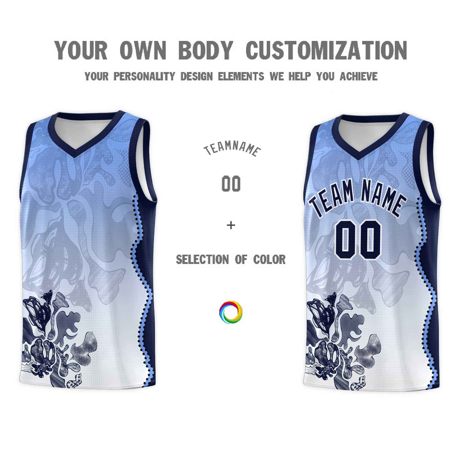 Custom White Navy Basketball Jersey - Illusion Flower Gradient Moisture wicking Fabric