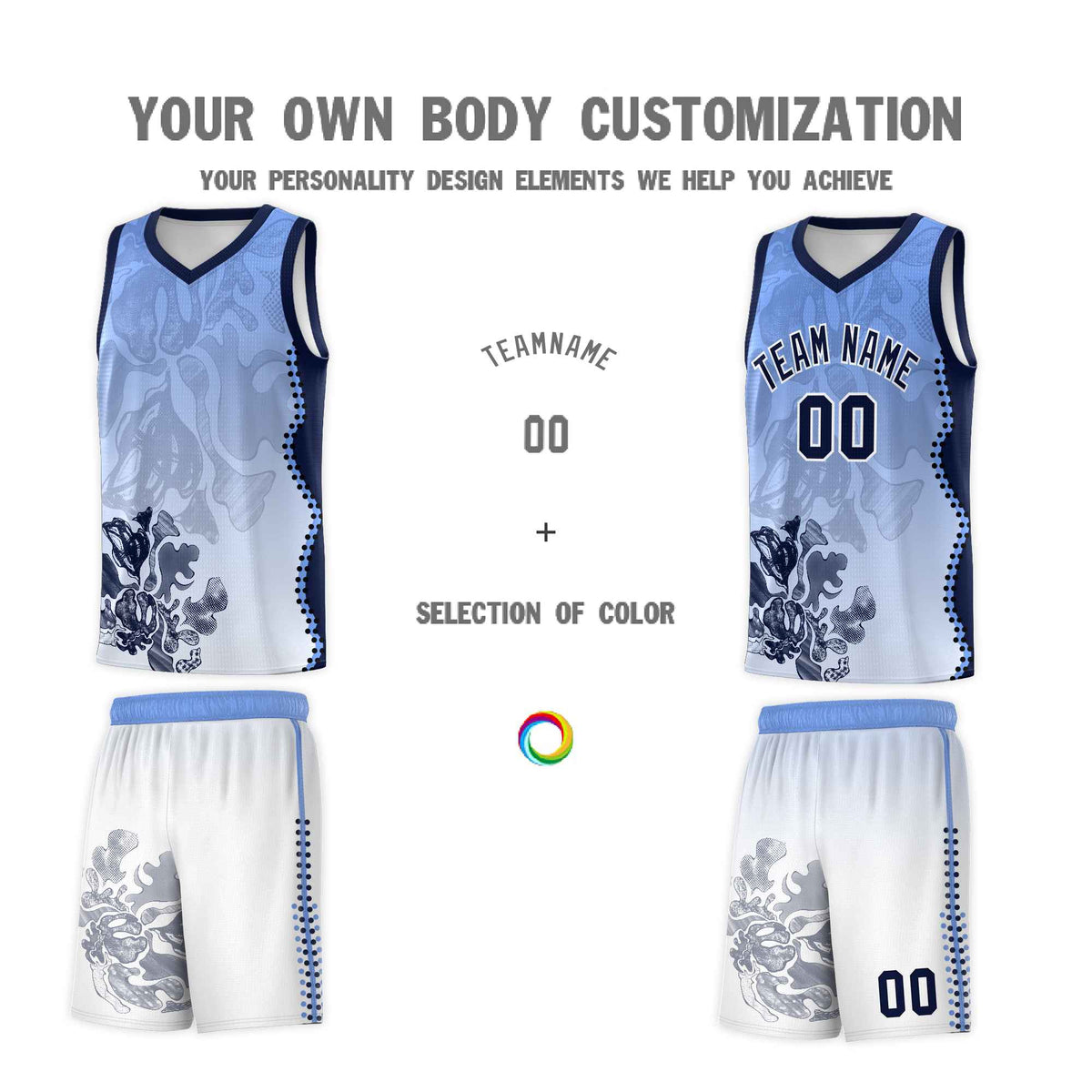 Custom White Navy Basketball Jersey - Illusion Flower Gradient Moisture wicking Fabric