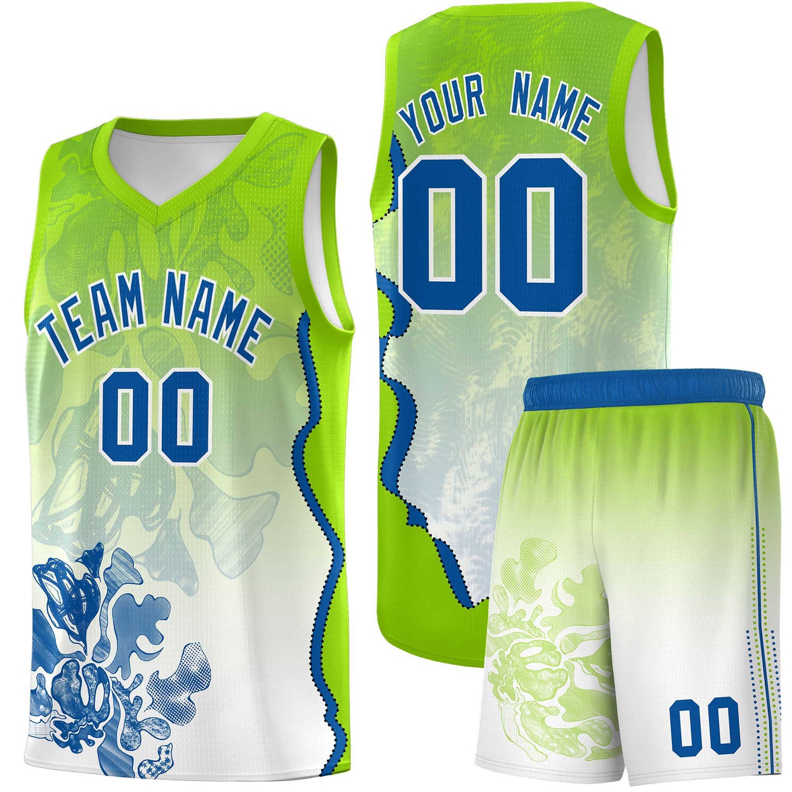 Custom Neon Green Royal Basketball Jersey - Illusion Flower Gradient Moisture-wicking Fabric