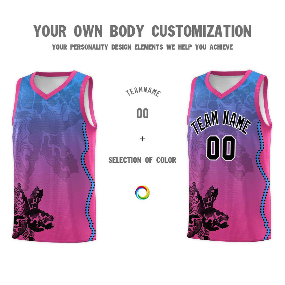 Custom Pink Light Blue Basketball Jersey - Illusion Flower Gradient Breathable mesh Fabric