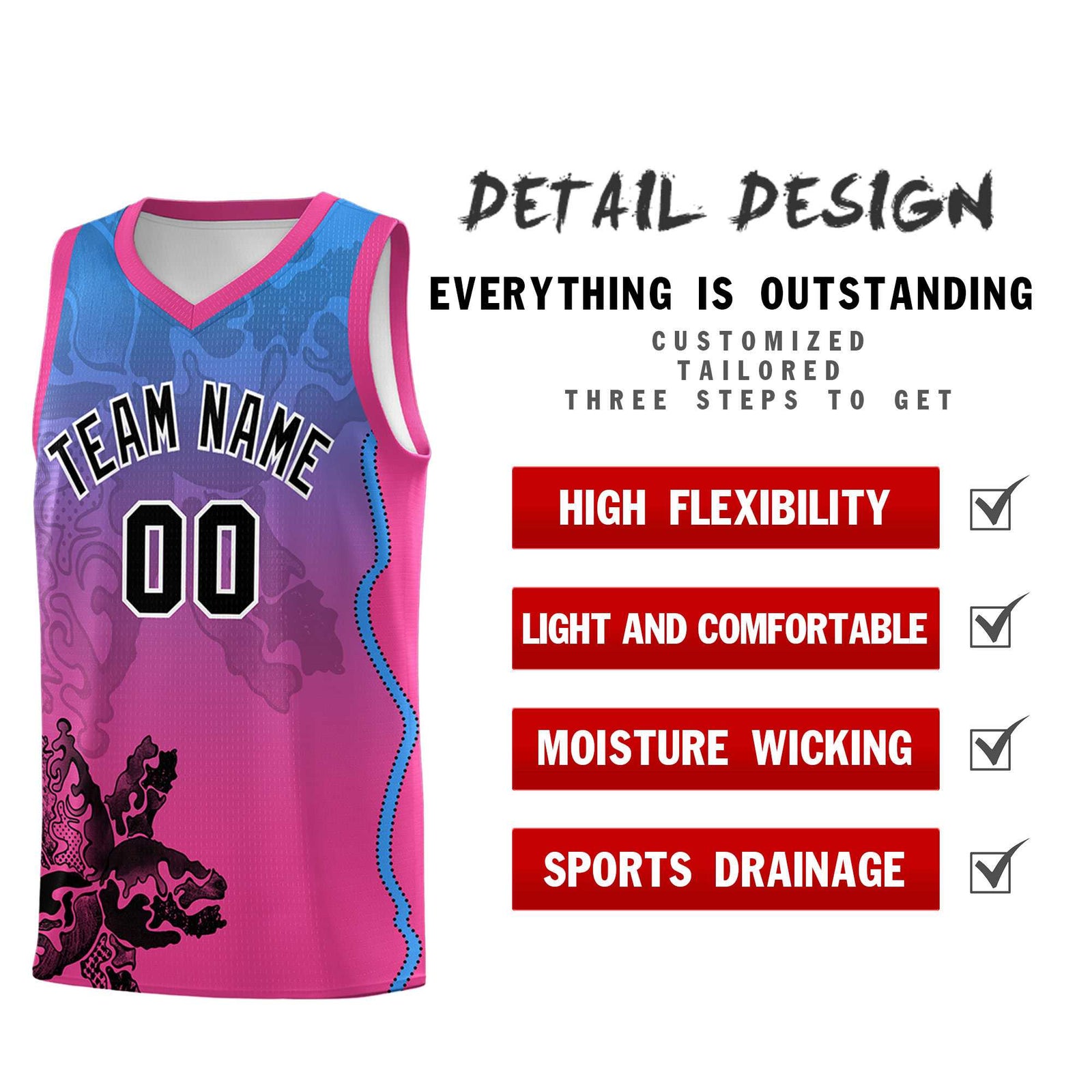 Custom Pink Light Blue Basketball Jersey - Illusion Flower Gradient Breathable mesh Fabric