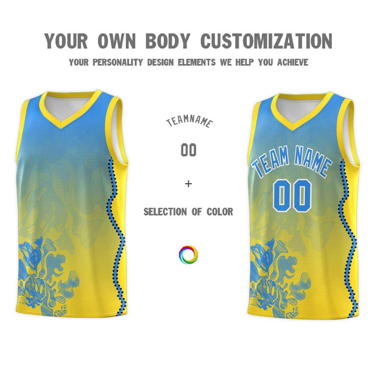 Custom Gold Light Blue Basketball Jersey - Illusion Flower Gradient Breathable Fabric