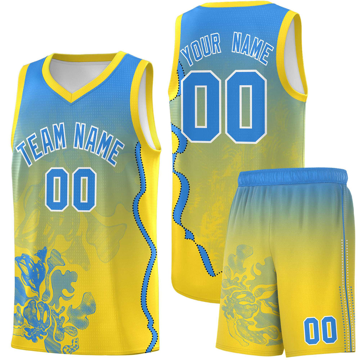 Custom Gold Light Blue Basketball Jersey - Illusion Flower Gradient Breathable Fabric