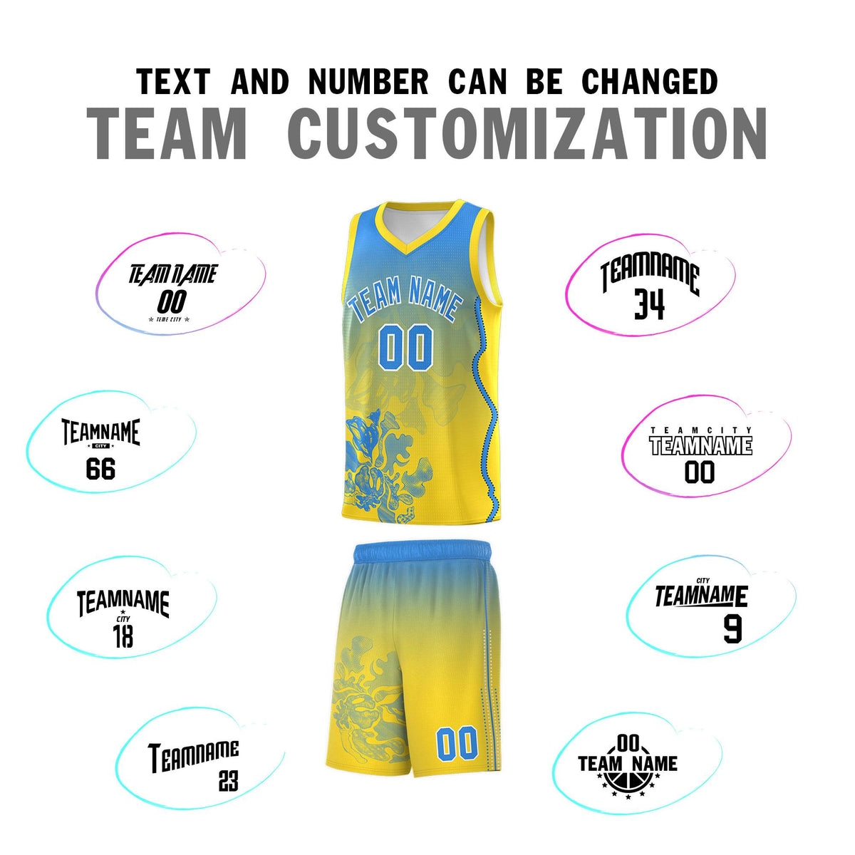 Custom Gold Light Blue Basketball Jersey - Illusion Flower Gradient Breathable Fabric