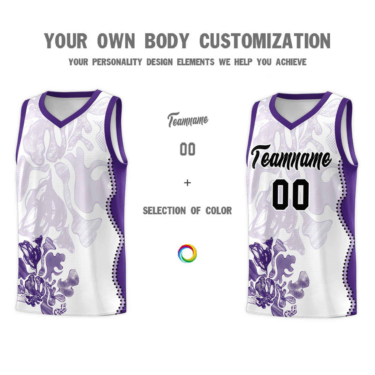 Custom White Purple Basketball Jersey - Illusion Flower Graffiti Moisture-wicking Fabric