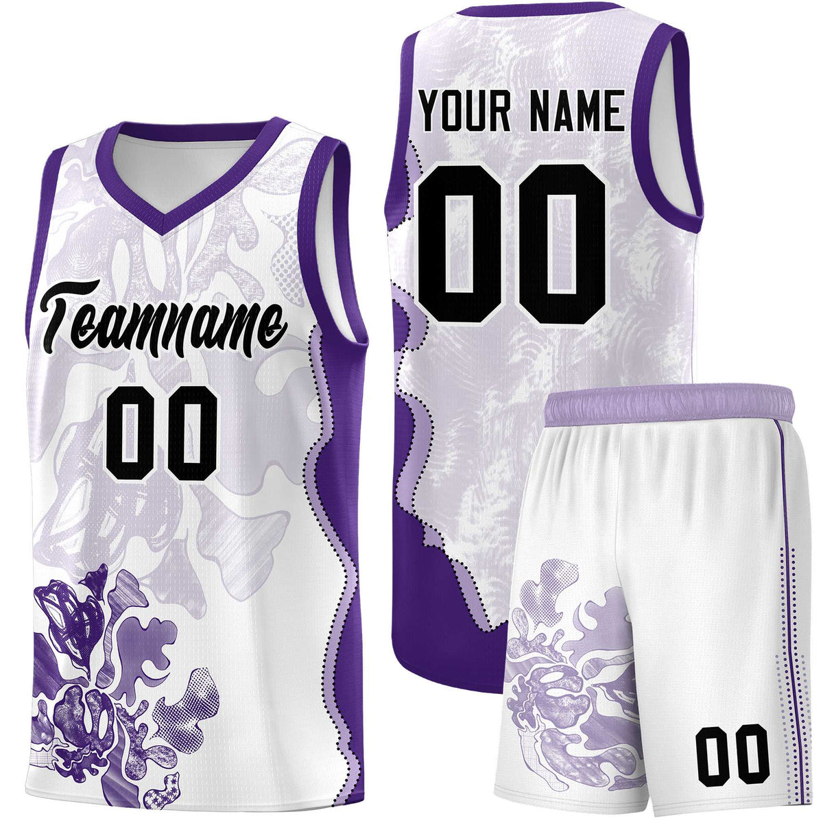 Custom White Purple Basketball Jersey - Illusion Flower Graffiti Moisture-wicking Fabric