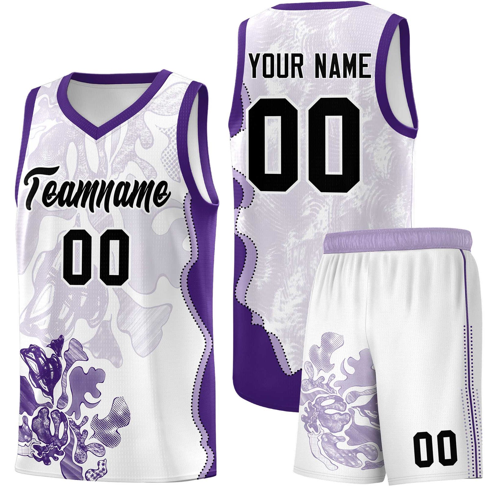 Custom White Purple Basketball Jersey - Illusion Flower Graffiti Moisture-wicking Fabric