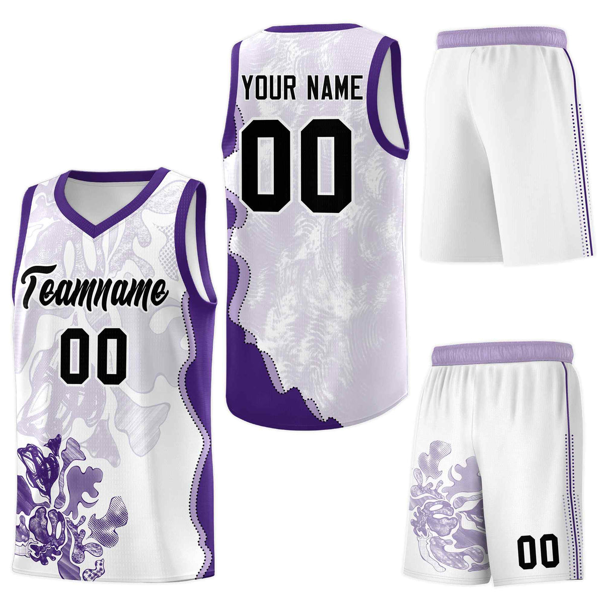 Custom White Purple Basketball Jersey - Illusion Flower Graffiti Stretch Fabric