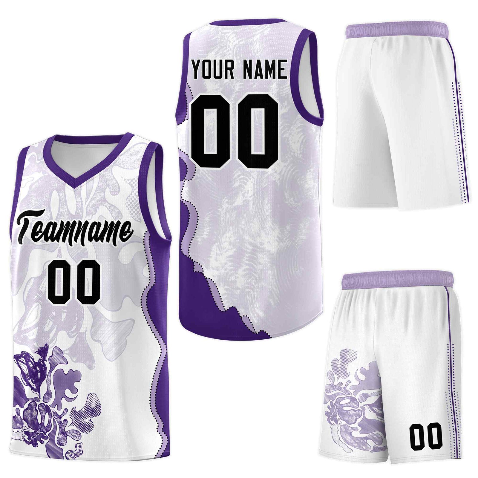 Custom White Purple Basketball Jersey - Illusion Flower Graffiti Stretch Fabric