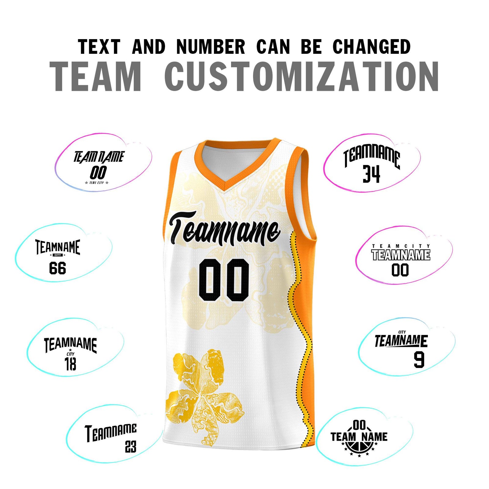 Custom White Orange Basketball Jersey - Illusion Flower Graffiti Durable Fabric