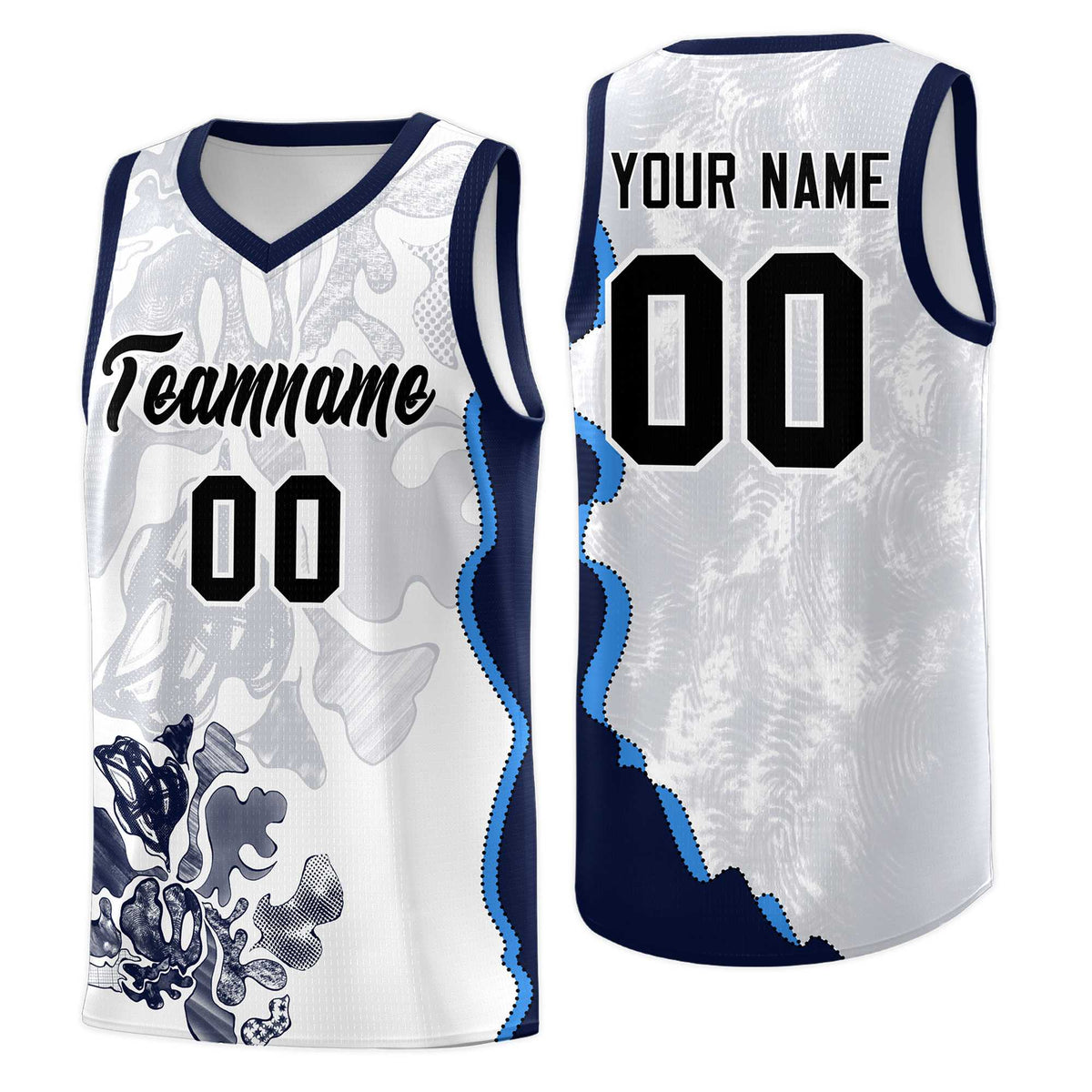 Custom White Navy Basketball Jersey - Illusion Flower Graffiti Breathable Fabric