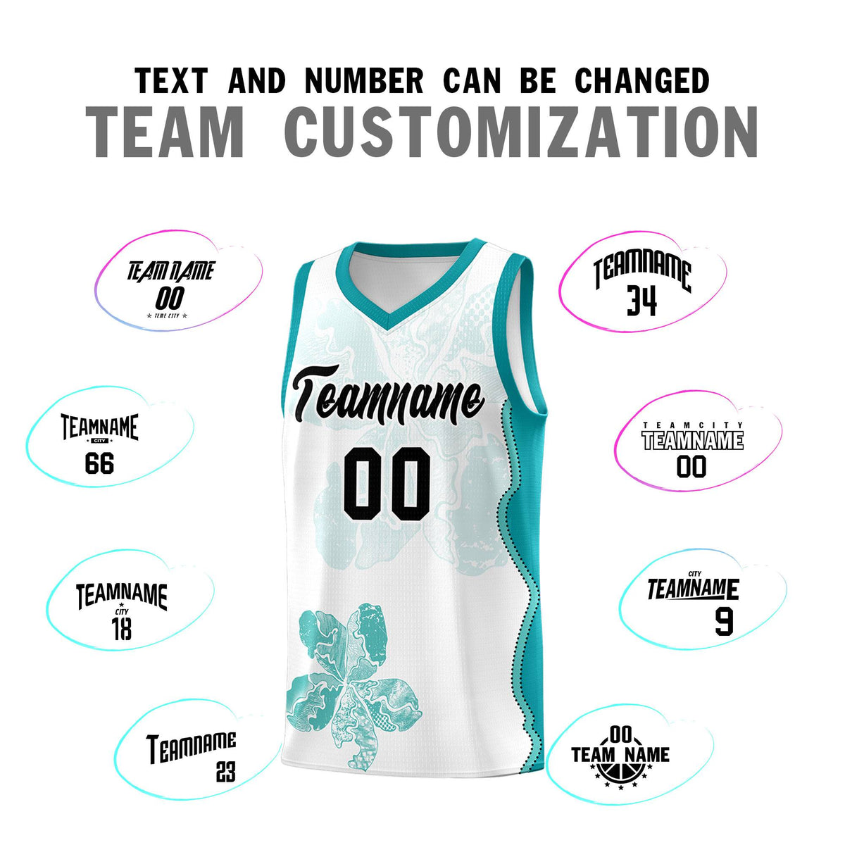 Custom White Teal Basketball Jersey - Illusion Flower Graffiti Lightweight Fabric