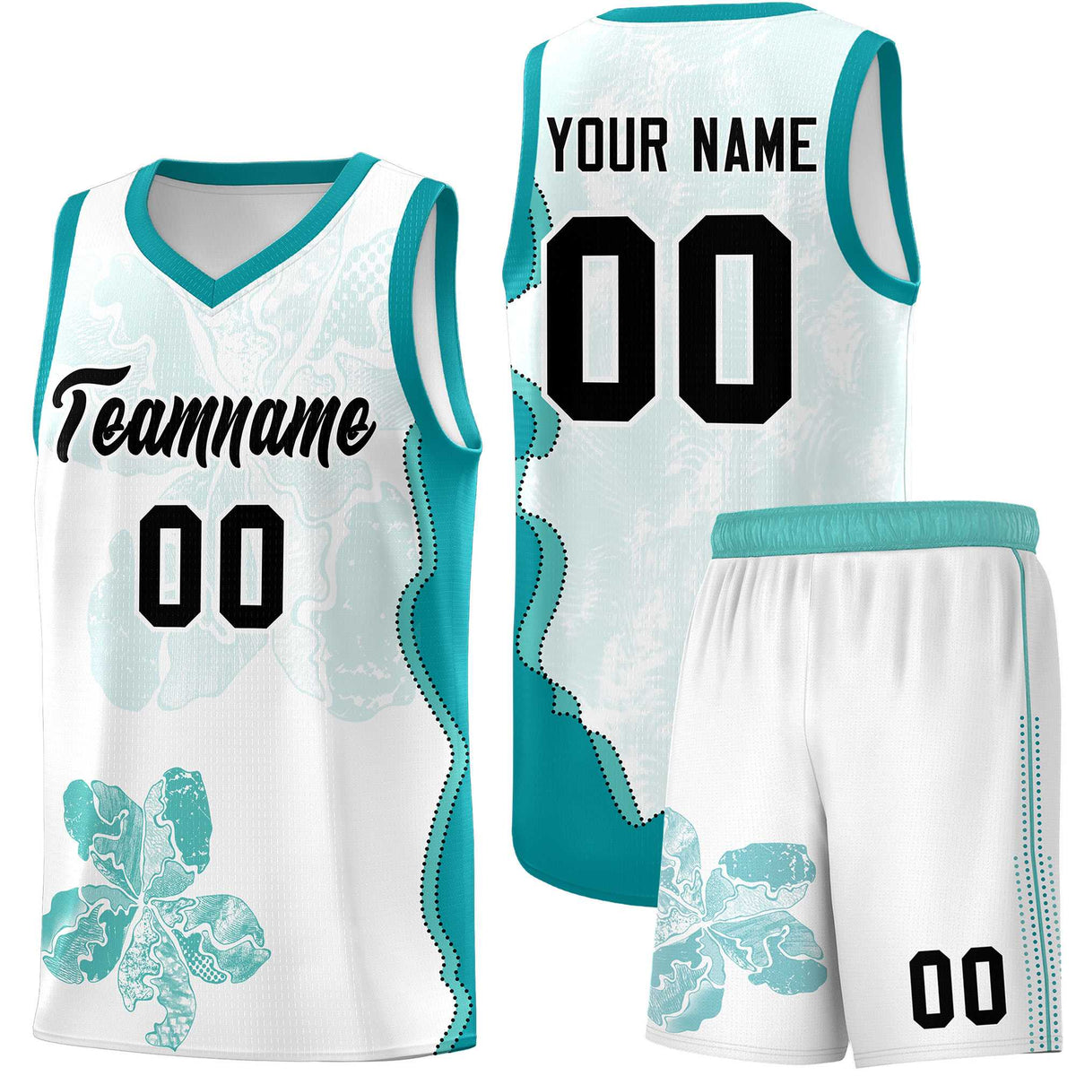 Custom White Teal Basketball Jersey - Illusion Flower Graffiti Lightweight Fabric