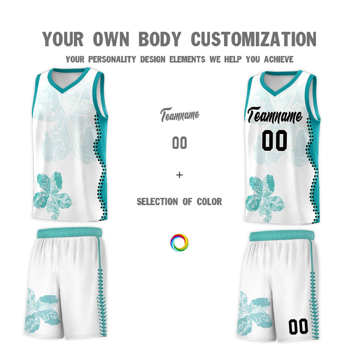 Custom White Teal Basketball Jersey - Illusion Flower Graffiti Lightweight Fabric