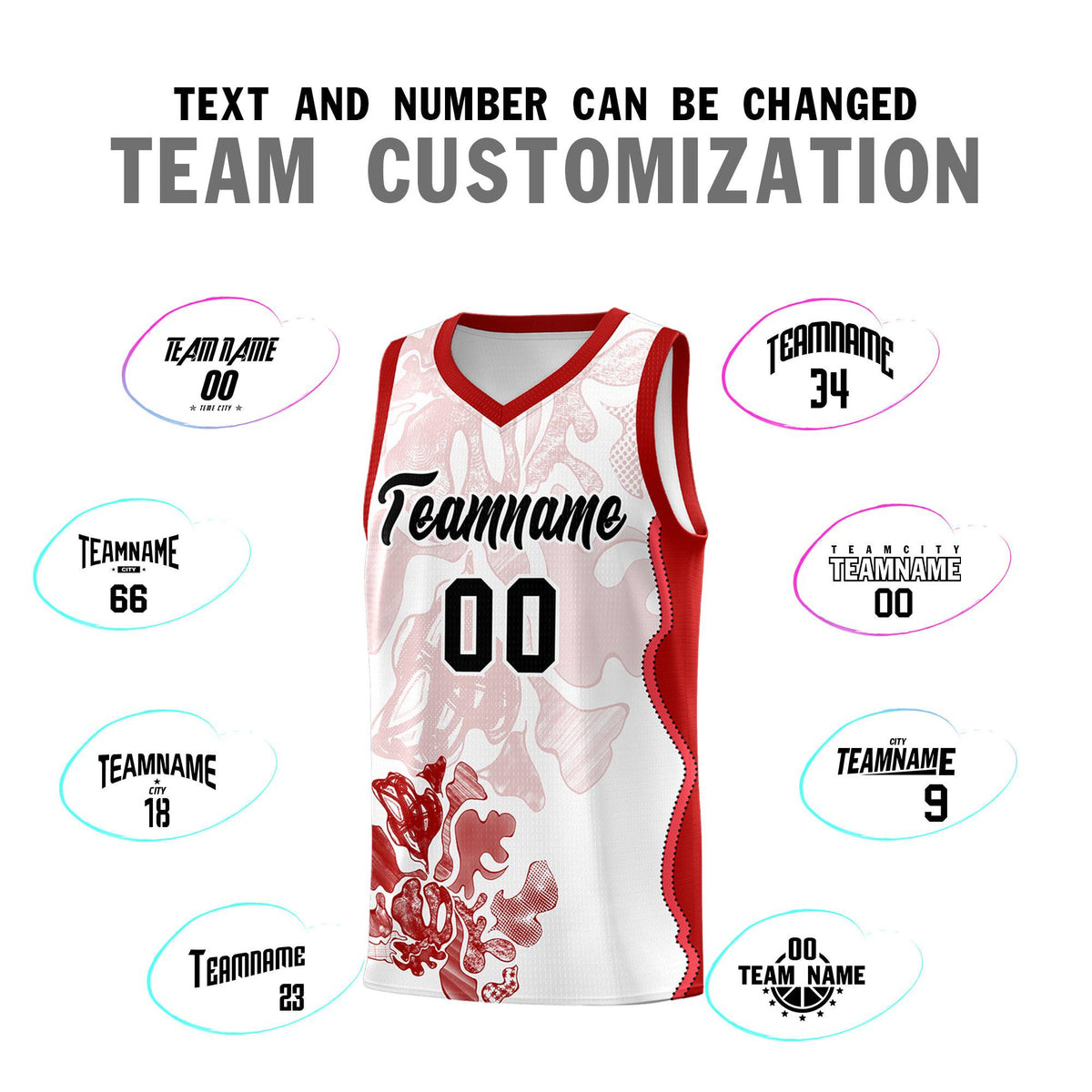 Custom White Red Basketball Jersey - Illusion Flower Graffiti Stretchy Fabric