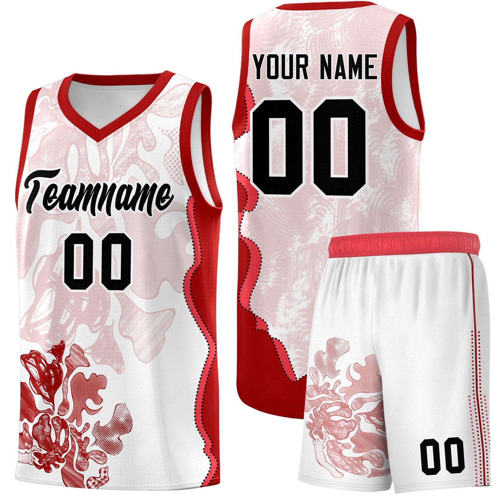 Custom White Red Basketball Jersey - Illusion Flower Graffiti Stretchy Fabric
