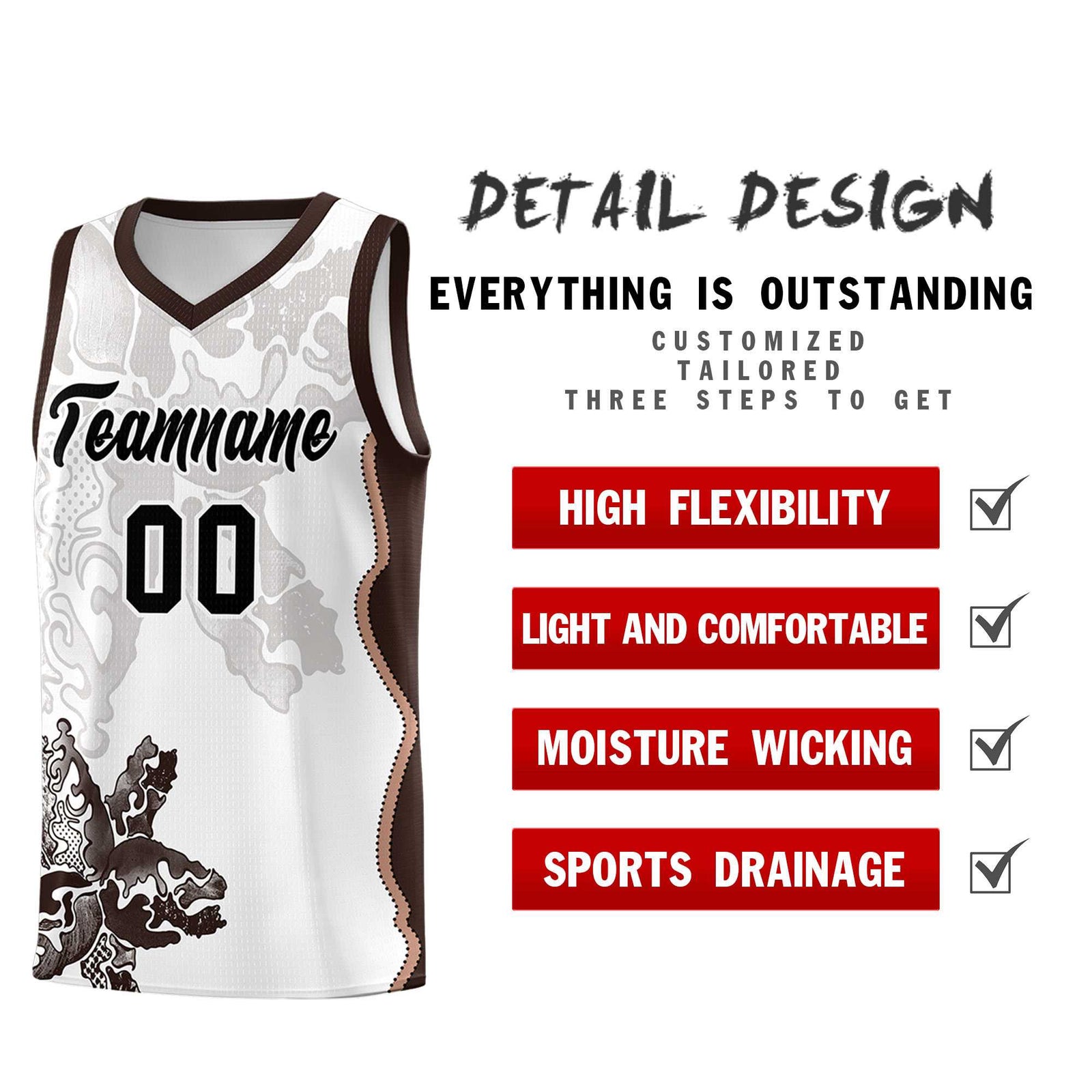 Custom White Brown Basketball Jersey - Illusion Flower Graffiti Quick dry Fabric