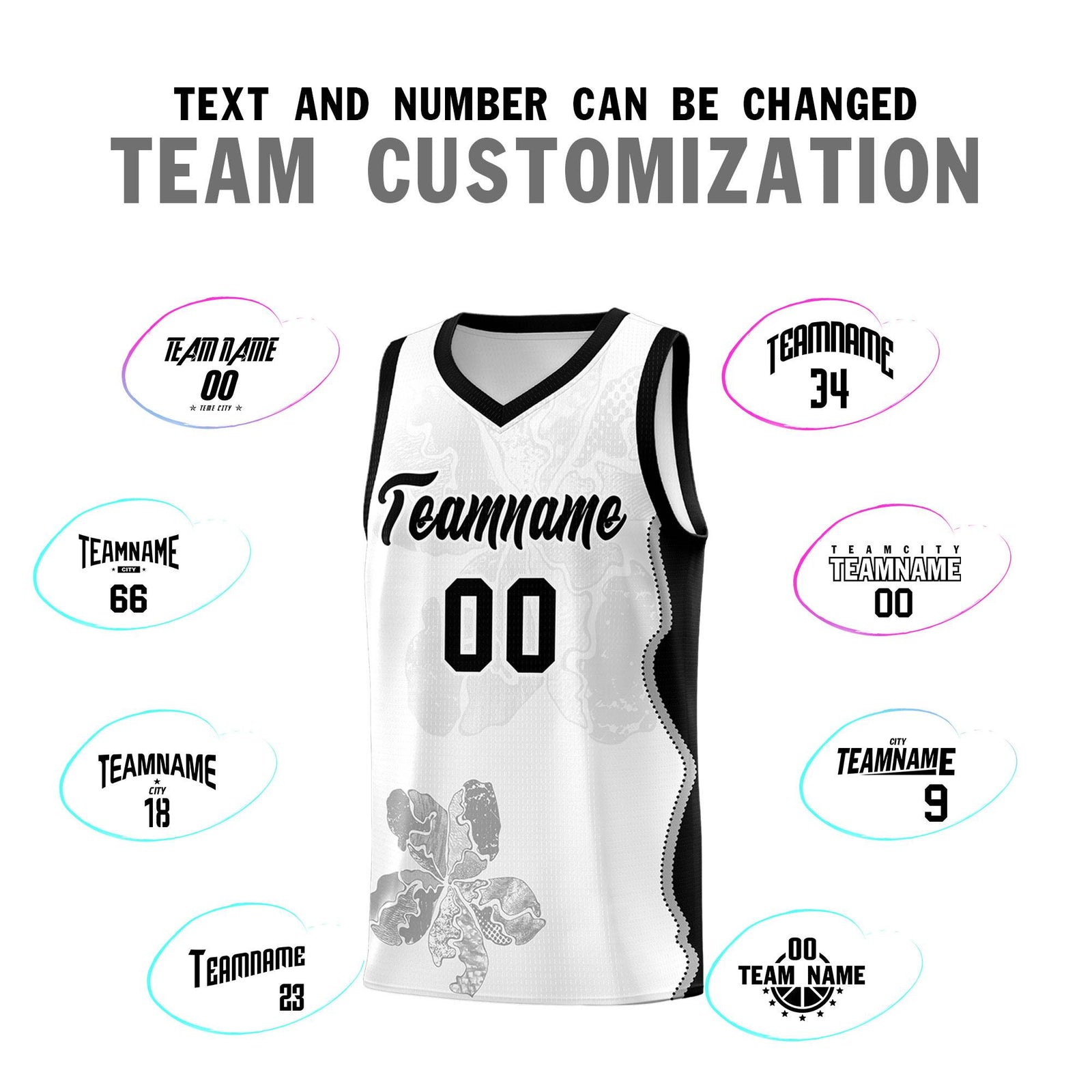 Custom White Black Basketball Jersey - Illusion Flower Graffiti Stylish Fabric