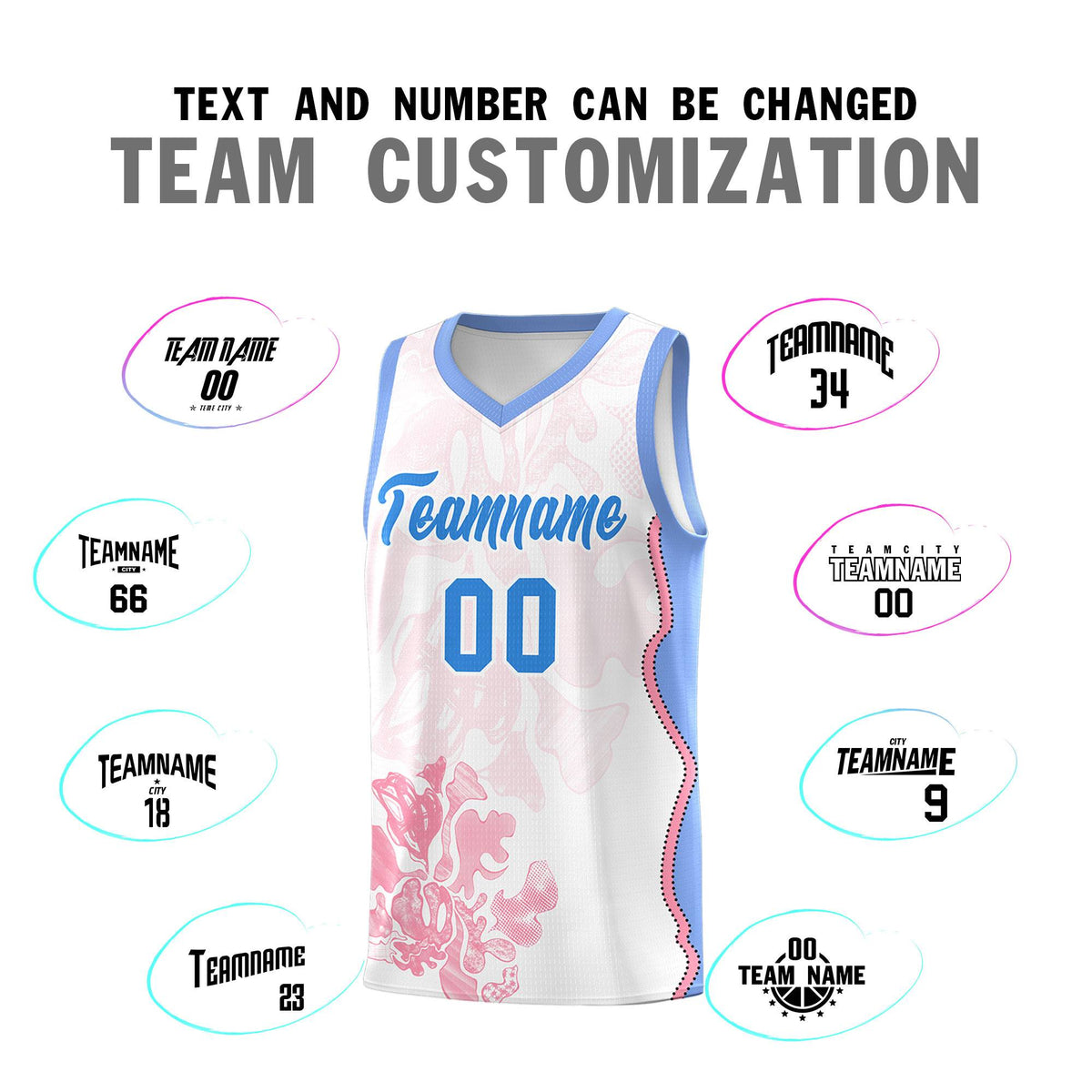Custom White Light Blue Basketball Jersey - Illusion Flower Graffiti Durable Fabric