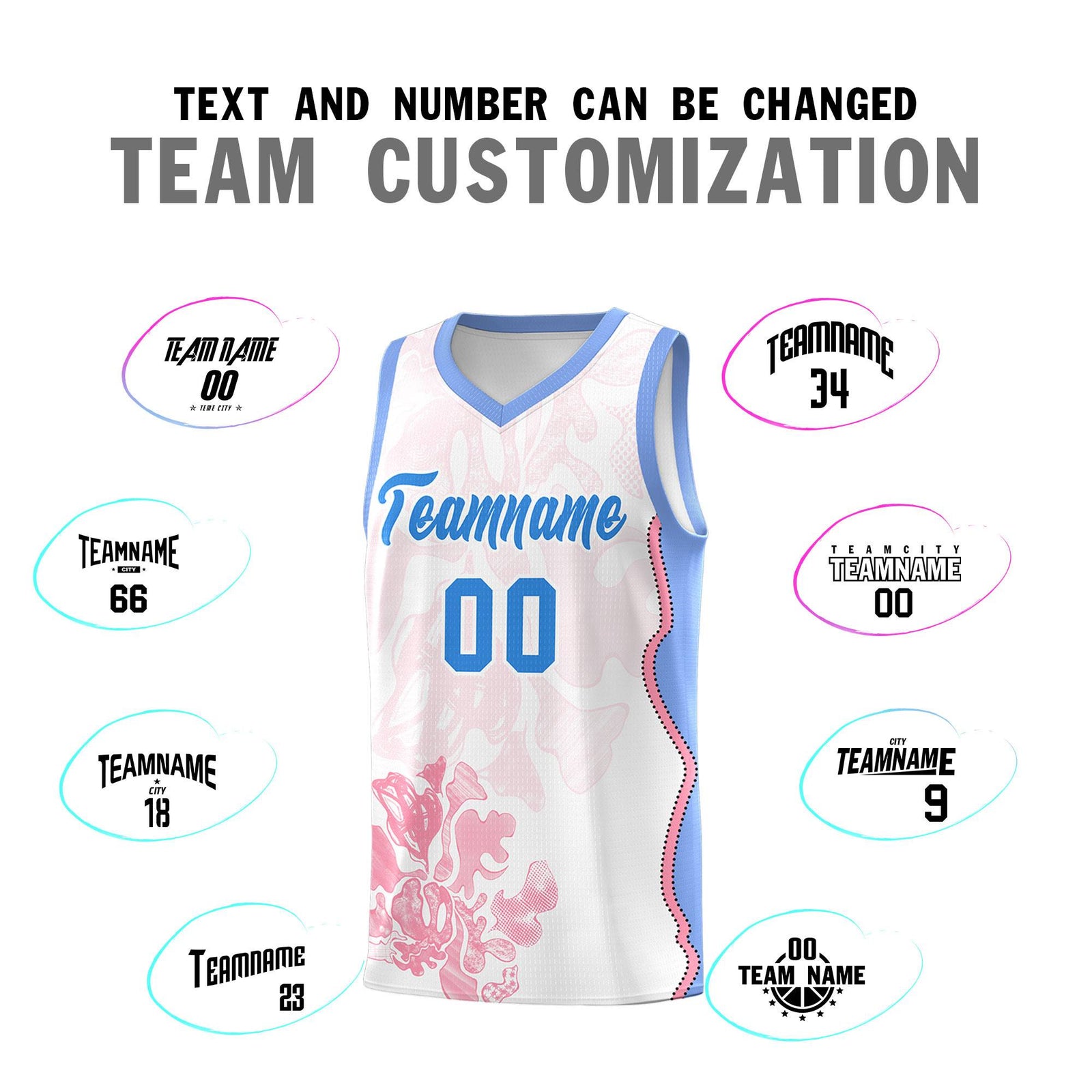 Custom White Light Blue Basketball Jersey - Illusion Flower Graffiti Durable Fabric