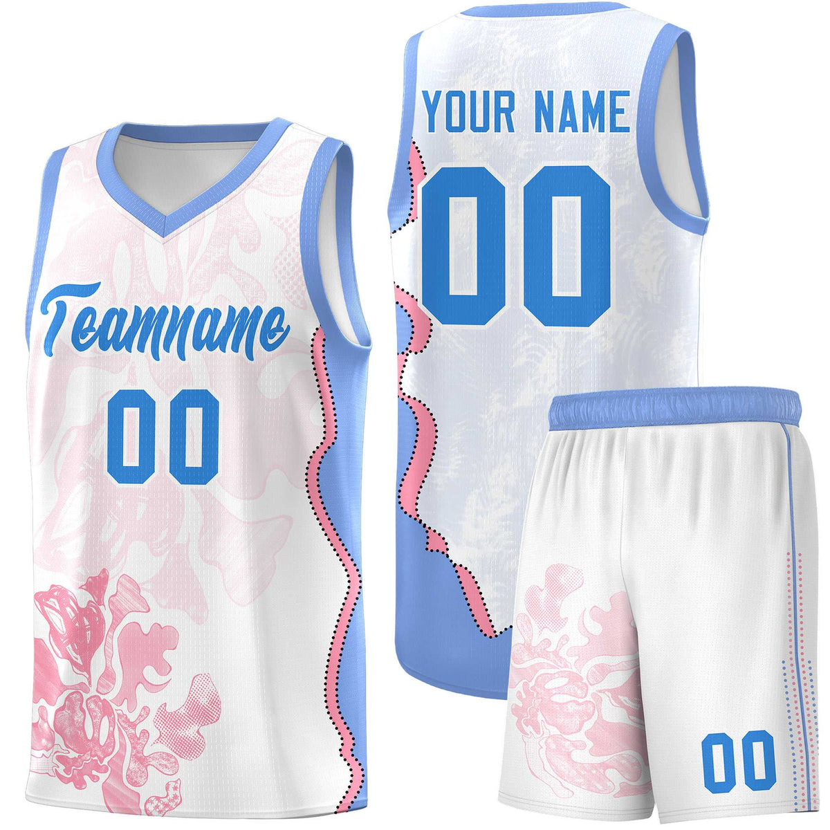 Custom White Light Blue Basketball Jersey - Illusion Flower Graffiti Durable Fabric