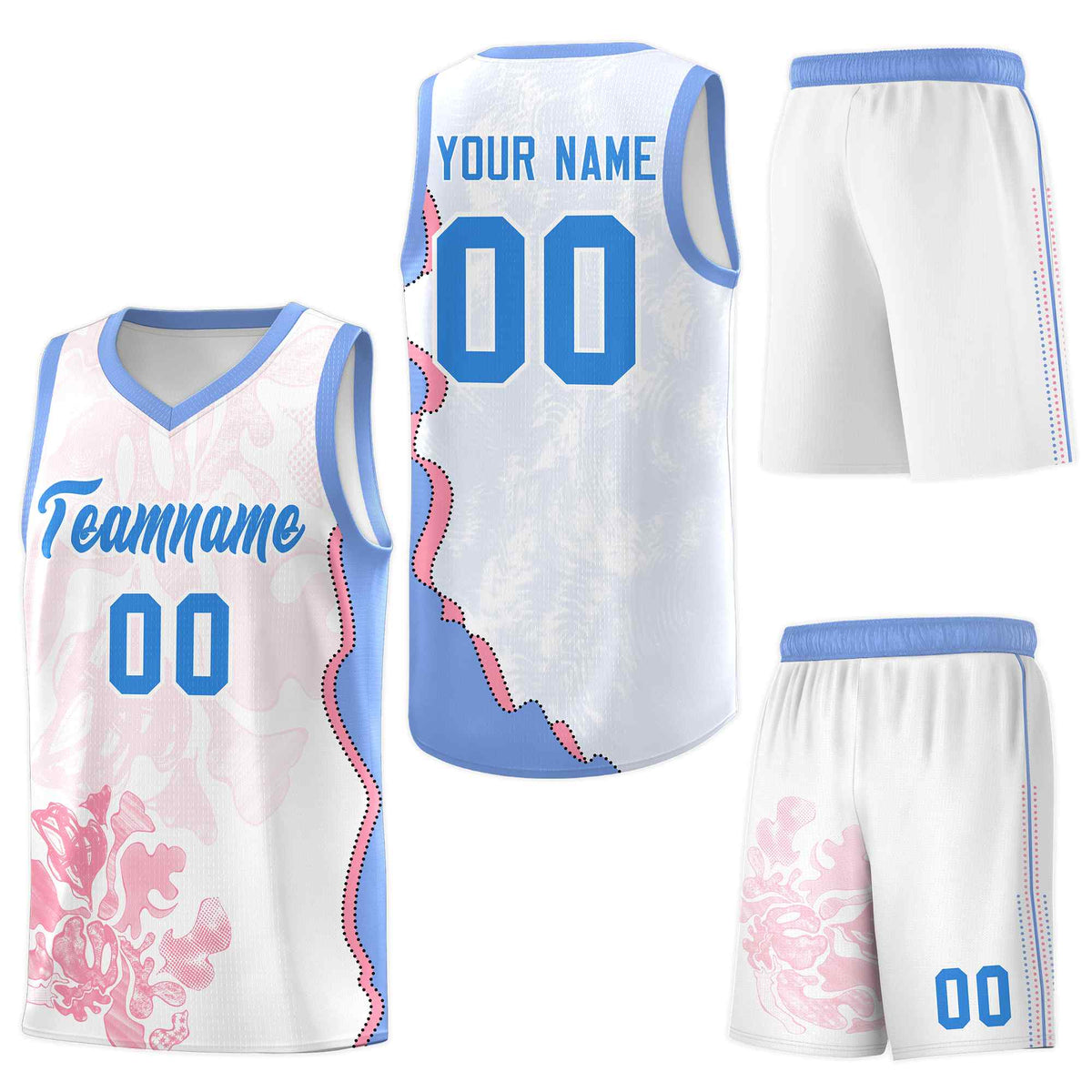 Custom White Light Blue Basketball Jersey - Illusion Flower Graffiti Lightweight